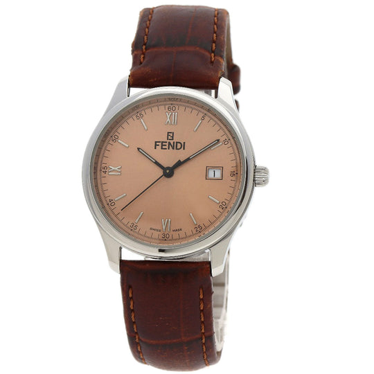 FENDI Watches Quartz 210G Stainless Steel, Leather Silver Round face salmon pink dial Women Used Authentic
