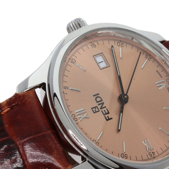FENDI Watches Quartz 210G Stainless Steel, Leather Silver Round face salmon pink dial Women Used Authentic