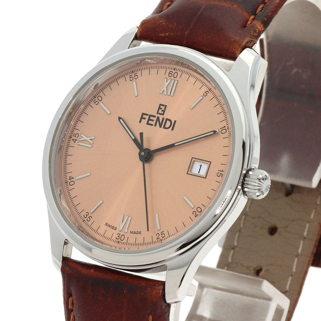 FENDI Watches Quartz 210G Stainless Steel, Leather Silver Round face salmon pink dial Women Used Authentic