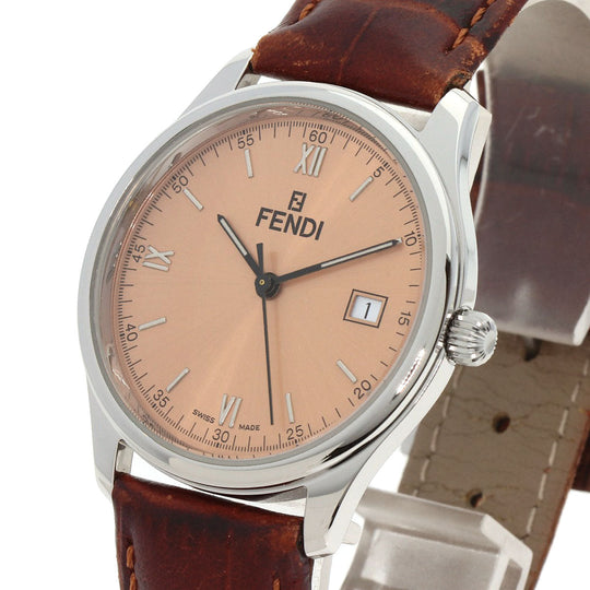 FENDI Watches Quartz 210G Stainless Steel, Leather Silver Round face salmon pink dial Women Used Authentic