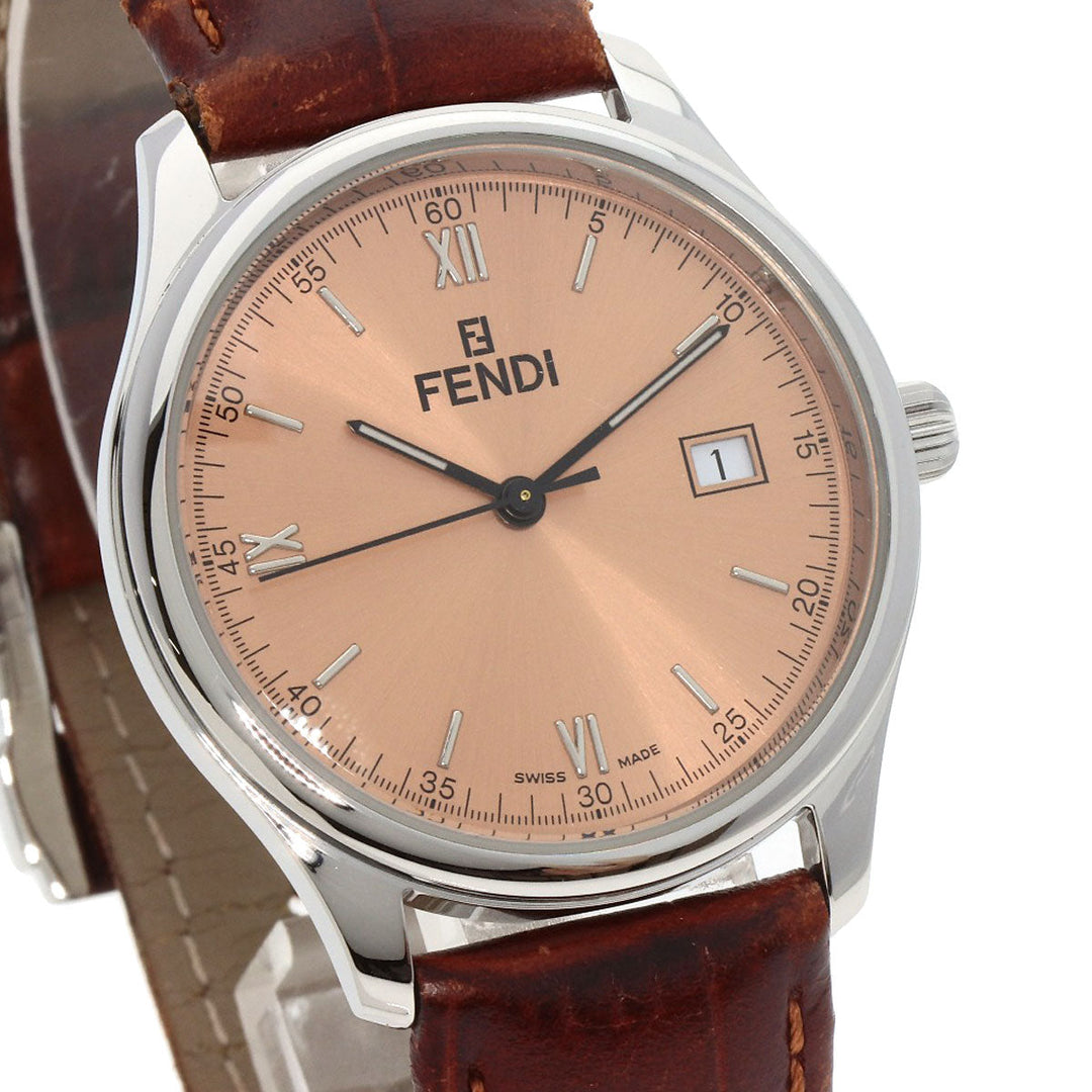 FENDI Watches Quartz 210G Stainless Steel, Leather Silver Round face salmon pink dial Women Used Authentic