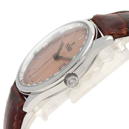 FENDI Watches Quartz 210G Stainless Steel, Leather Silver Round face salmon pink dial Women Used Authentic