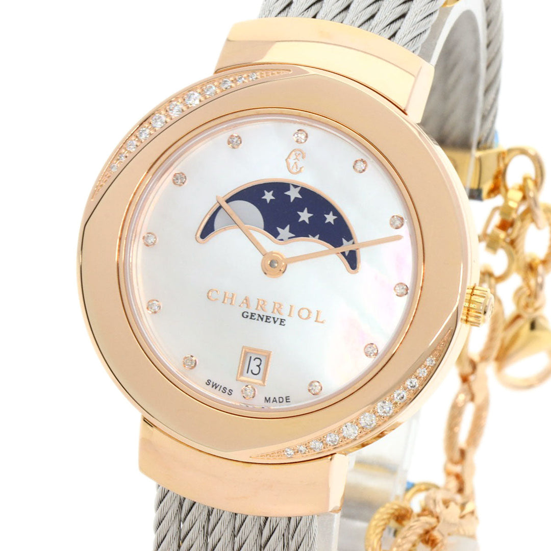 CHARRIOL Watches Quartz ST35 Gold Plated , Stainless Steel gold Saint-Tropez Moon Phase Diamond White shell dial mens Used Authentic