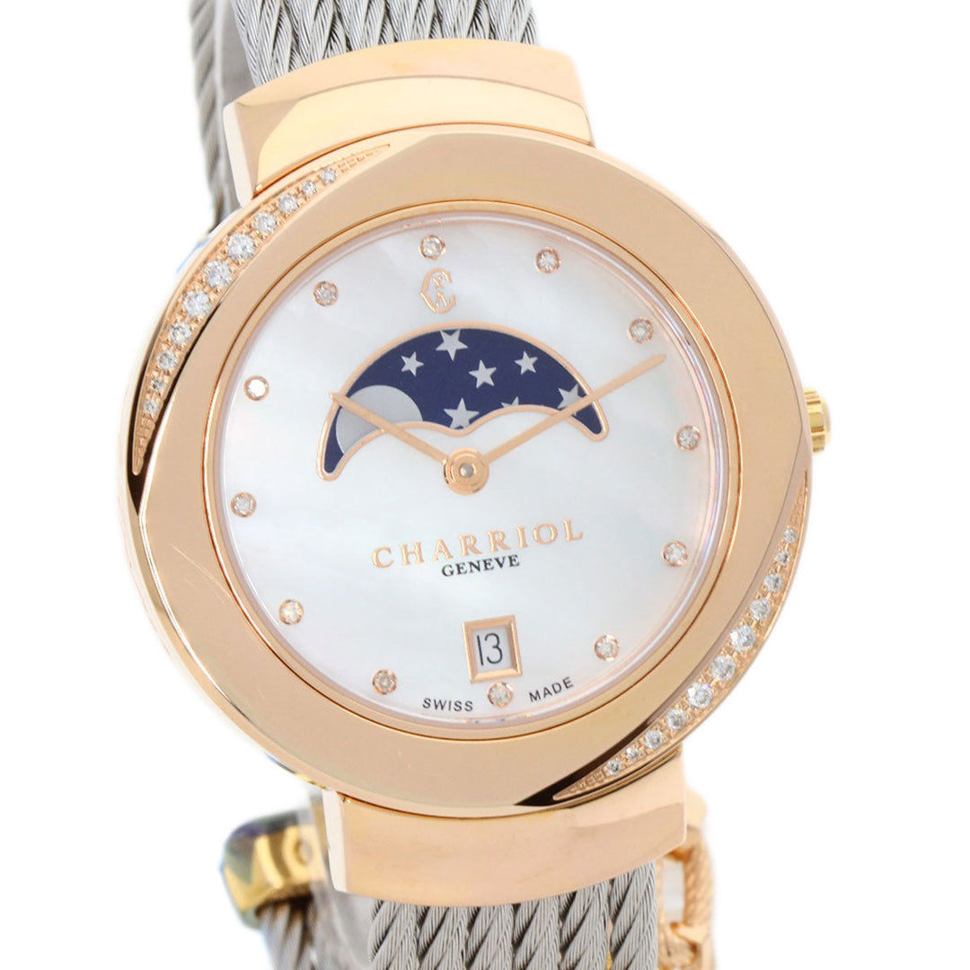 CHARRIOL Watches Quartz ST35 Gold Plated , Stainless Steel gold Saint-Tropez Moon Phase Diamond White shell dial mens Used Authentic