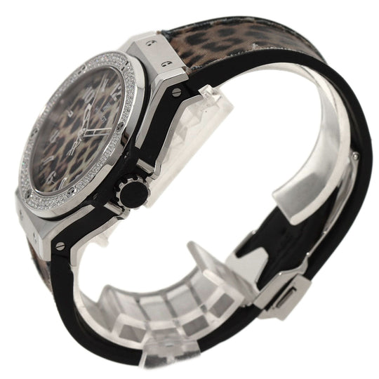HUBLOT Watches Quartz Stainless Steel, Rubber Silver Big Bang Snow Leopard Bezel Diamond Leopard Pattern Leopard Pattern dial mens Used Authentic