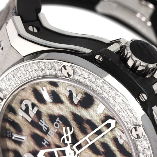 HUBLOT Watches Quartz Stainless Steel, Rubber Silver Big Bang Snow Leopard Bezel Diamond Leopard Pattern Leopard Pattern dial mens Used Authentic