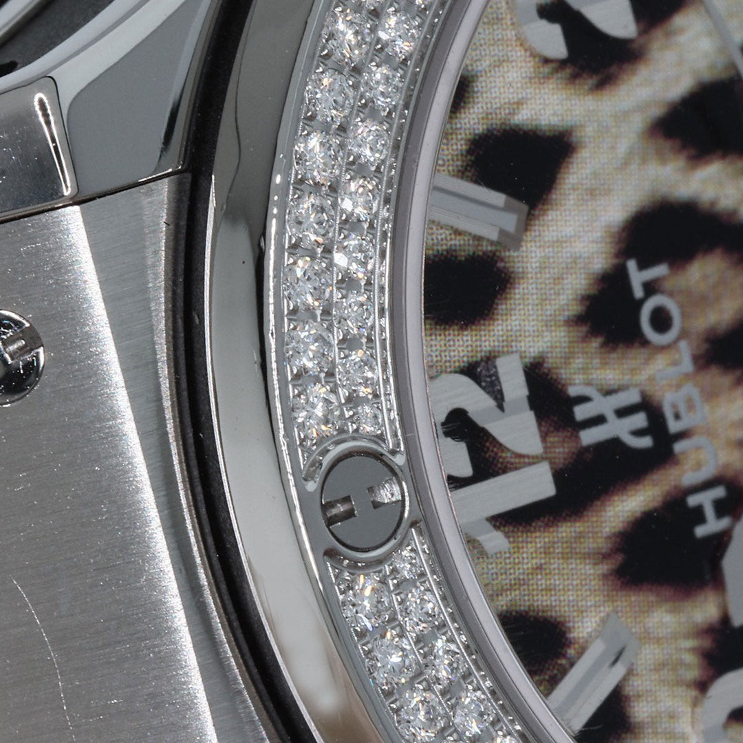 HUBLOT Watches Quartz Stainless Steel, Rubber Silver Big Bang Snow Leopard Bezel Diamond Leopard Pattern Leopard Pattern dial mens Used Authentic