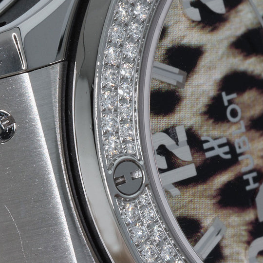 HUBLOT Watches Quartz Stainless Steel, Rubber Silver Big Bang Snow Leopard Bezel Diamond Leopard Pattern Leopard Pattern dial mens Used Authentic