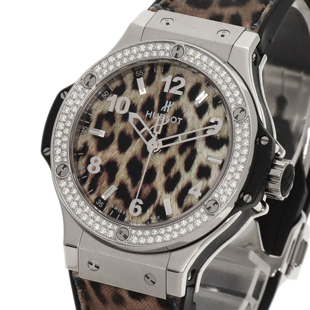 HUBLOT Watches Quartz Stainless Steel, Rubber Silver Big Bang Snow Leopard Bezel Diamond Leopard Pattern Leopard Pattern dial mens Used Authentic