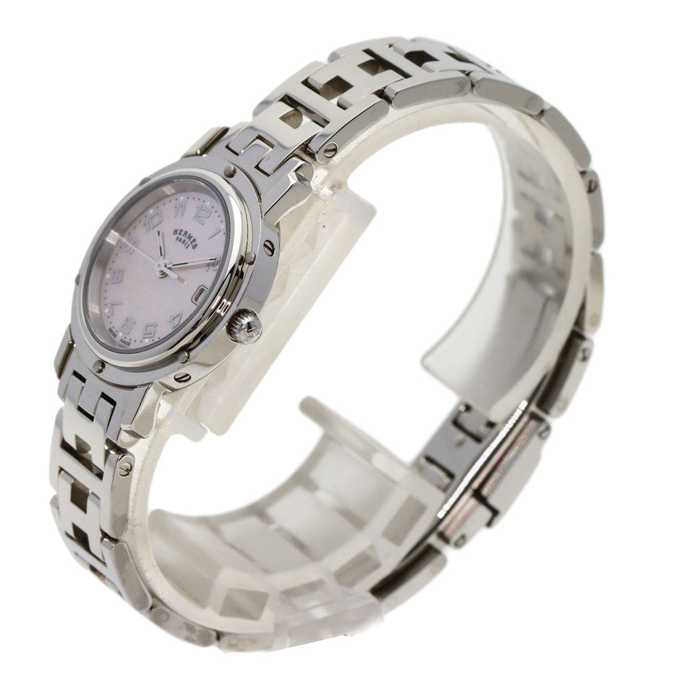 HERMES Watches Quartz CL4.210 Stainless Steel , Stainless Steel Silver Clipper Nacre New Buckle Pink shell dial Women Used Authentic