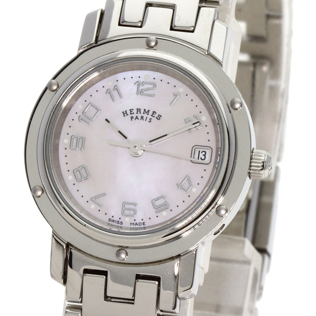 HERMES Watches Quartz CL4.210 Stainless Steel , Stainless Steel Silver Clipper Nacre New Buckle Pink shell dial Women Used Authentic