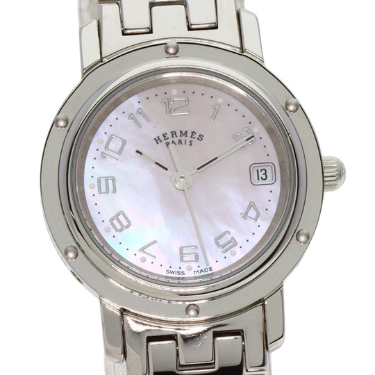 HERMES Watches Quartz CL4.210 Stainless Steel , Stainless Steel Silver Clipper Nacre New Buckle Pink shell dial Women Used Authentic