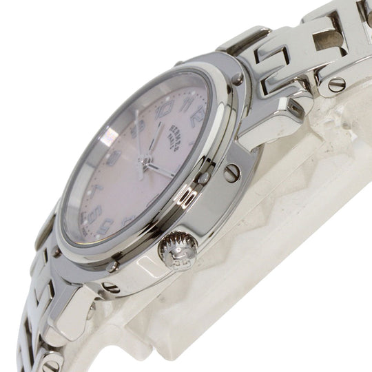 HERMES Watches Quartz CL4.210 Stainless Steel , Stainless Steel Silver Clipper Nacre New Buckle Pink shell dial Women Used Authentic