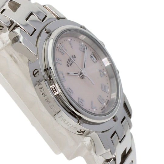 HERMES Watches Quartz CL4.210 Stainless Steel , Stainless Steel Silver Clipper Nacre New Buckle Pink shell dial Women Used Authentic