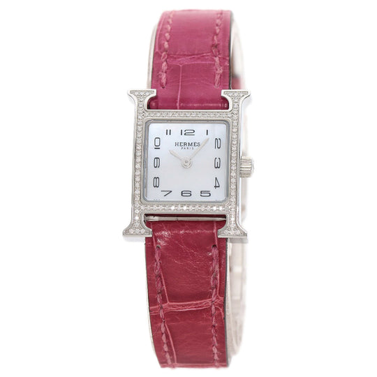 HERMES Watches Quartz HH1.131 Stainless Steel, Leather Silver H Watch Mini Diamond White shell dial Women Used Authentic