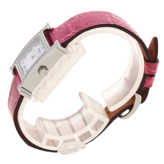 HERMES Watches Quartz HH1.131 Stainless Steel, Leather Silver H Watch Mini Diamond White shell dial Women Used Authentic