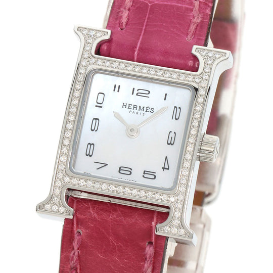 HERMES Watches Quartz HH1.131 Stainless Steel, Leather Silver H Watch Mini Diamond White shell dial Women Used Authentic