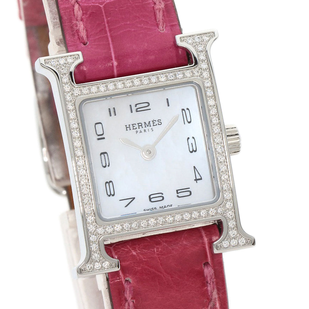 HERMES Watches Quartz HH1.131 Stainless Steel, Leather Silver H Watch Mini Diamond White shell dial Women Used Authentic