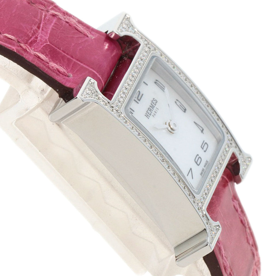 HERMES Watches Quartz HH1.131 Stainless Steel, Leather Silver H Watch Mini Diamond White shell dial Women Used Authentic
