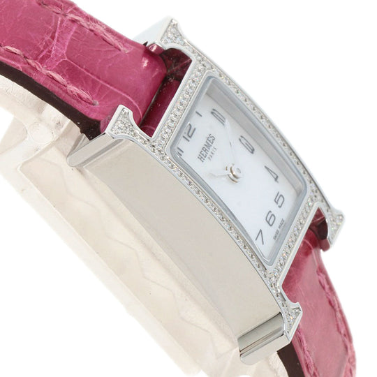HERMES Watches Quartz HH1.131 Stainless Steel, Leather Silver H Watch Mini Diamond White shell dial Women Used Authentic
