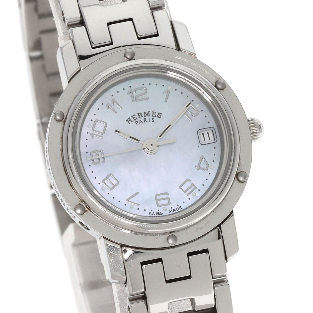 HERMES Watches Quartz CL4.210 Stainless Steel Silver Clipper Nacre Blue shell dial Women Used Authentic