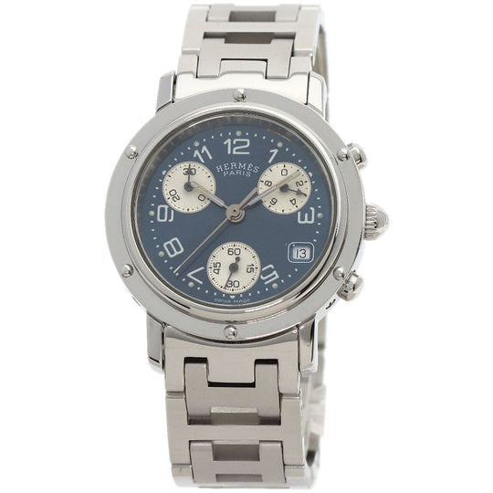 HERMES Watches Quartz CL1.310 Stainless Steel , Stainless Steel Silver Clipper Chronograph blue dial Women Used Authentic