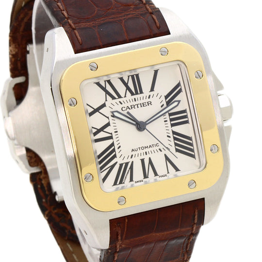 CARTIER Watches Mechanical Automatic W20077X7 Stainless Steel, Leather, K18YG gold Santos 100 LM 100th anniversary model Silver dial mens Used Authentic