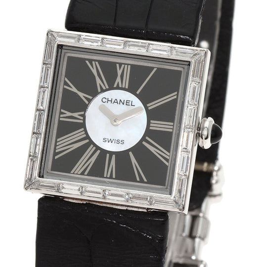 CHANEL Watches Quartz H0106 K18WG , Leather , Diamond Silver Mademoiselle Diamond Bezel Black x white shell dial Women Used Authentic