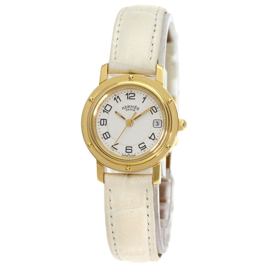 HERMES Watches Quartz CL4.285 K18YG, leather gold Clipper white dial Women Used Authentic