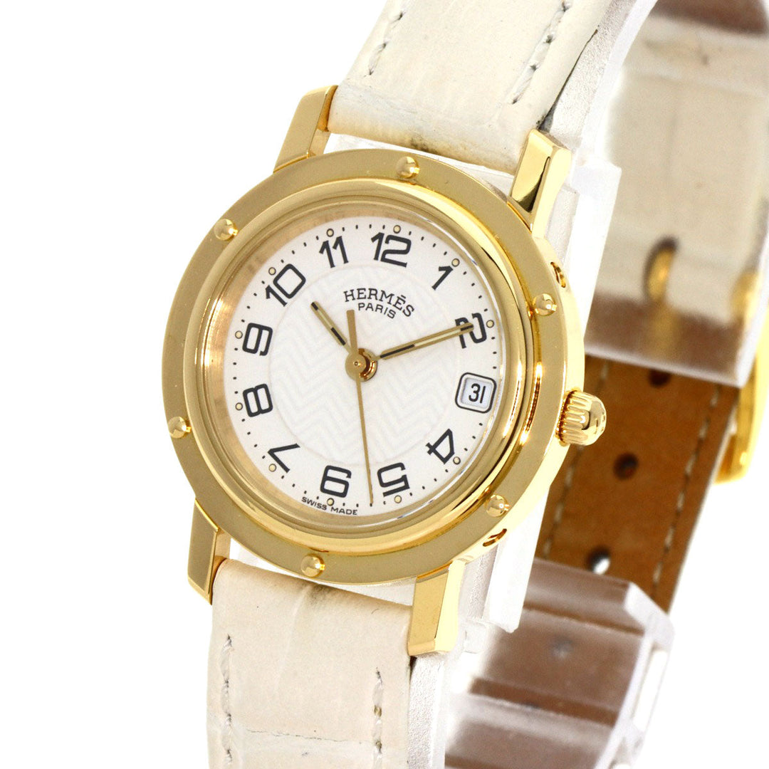 HERMES Watches Quartz CL4.285 K18YG, leather gold Clipper white dial Women Used Authentic
