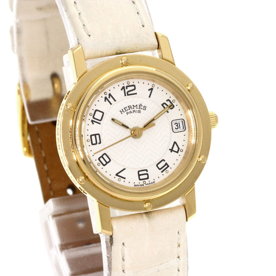 HERMES Watches Quartz CL4.285 K18YG, leather gold Clipper white dial Women Used Authentic