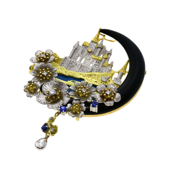 NOBUKO ISHIKAWA Brooch 18K Yellow Gold multicolor as Time Mont Saint Michel