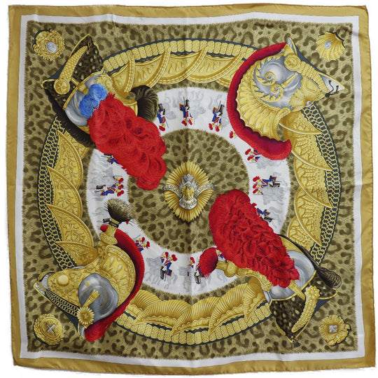 HERMES scarf silk yellow helmet and feather CASQUES et PLUMETS Carre90 Women Used Authentic