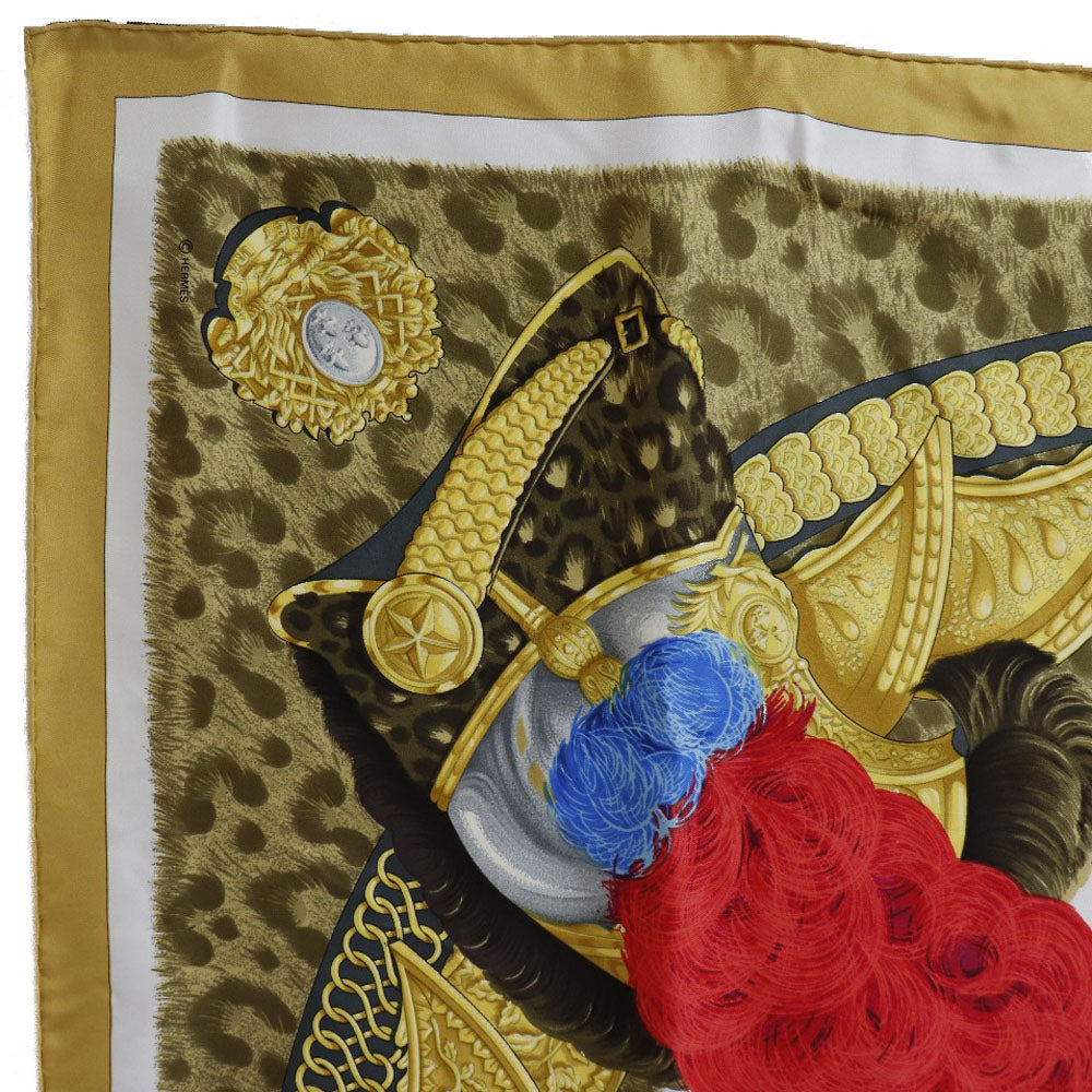 HERMES scarf silk yellow helmet and feather CASQUES et PLUMETS Carre90 Women Used Authentic