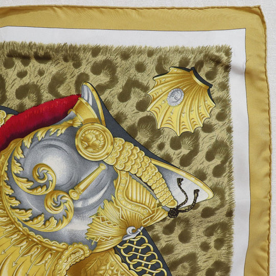 HERMES scarf silk yellow helmet and feather CASQUES et PLUMETS Carre90 Women Used Authentic
