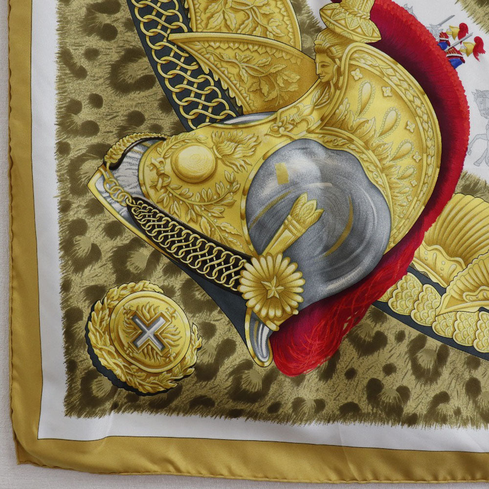 HERMES scarf silk yellow helmet and feather CASQUES et PLUMETS Carre90 Women Used Authentic