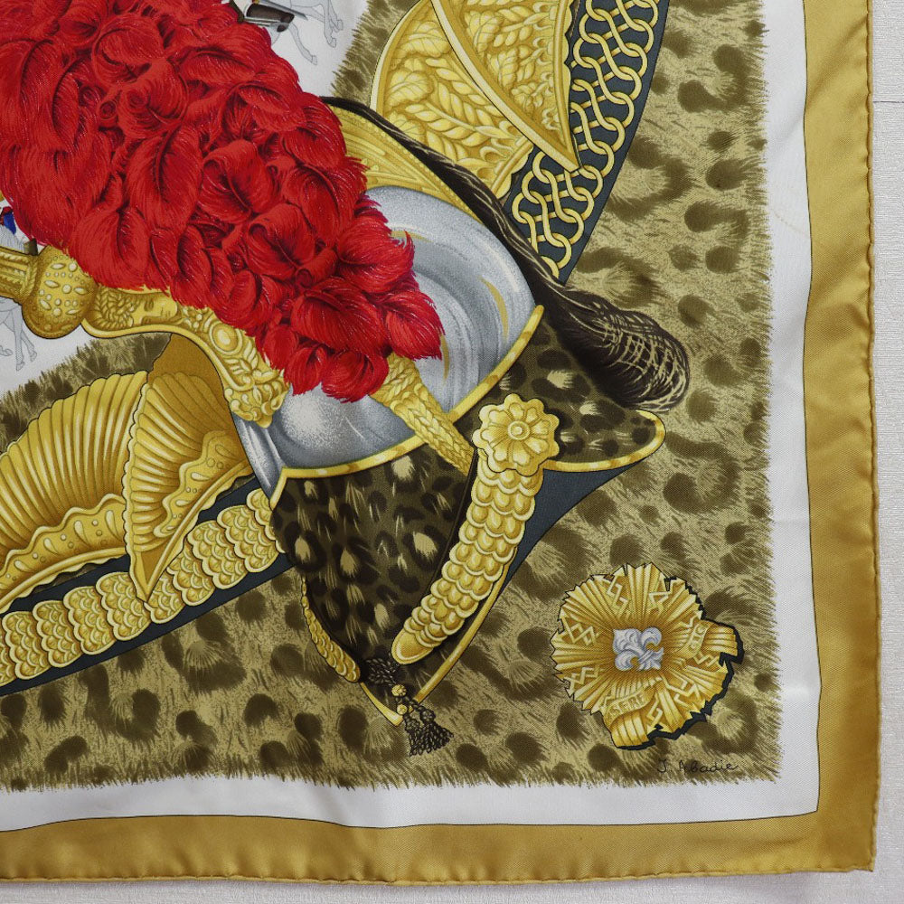 HERMES scarf silk yellow helmet and feather CASQUES et PLUMETS Carre90 Women Used Authentic