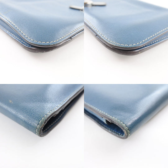 HERMES Long Wallet Purse Calfskin Blue Dogon unisex(Unisex) Used Authentic