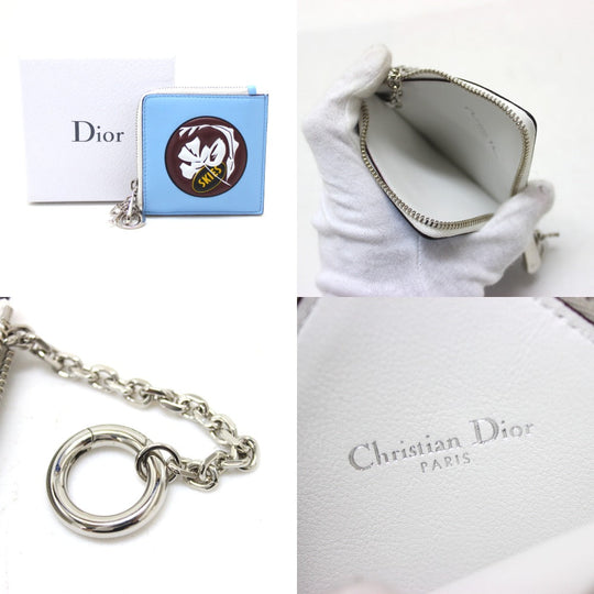 Dior Coin case leather Light blue DIORISSIMO Coin Pocket Women Used Authentic
