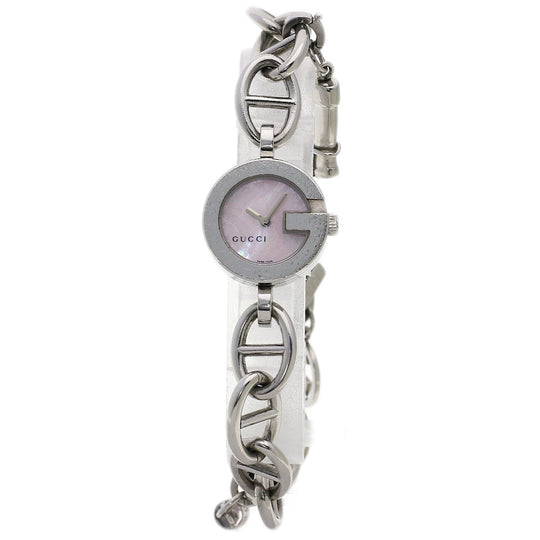 GUCCI Watches Quartz 107 Stainless Steel , Stainless Steel Silver G Charm Bracelet Pink shell dial Women Used Authentic
