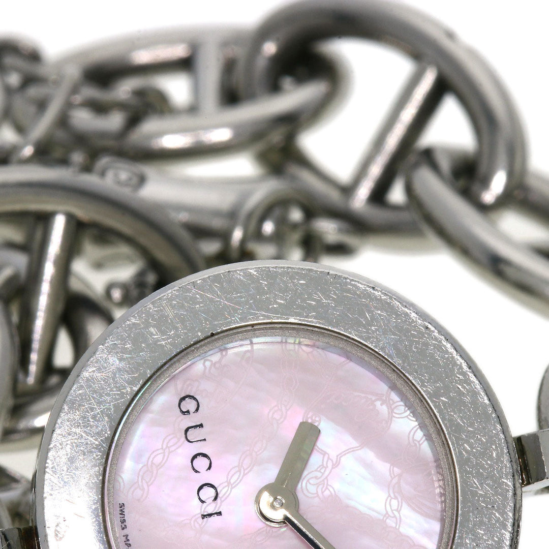 GUCCI Watches Quartz 107 Stainless Steel , Stainless Steel Silver G Charm Bracelet Pink shell dial Women Used Authentic