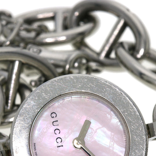 GUCCI Watches Quartz 107 Stainless Steel , Stainless Steel Silver G Charm Bracelet Pink shell dial Women Used Authentic