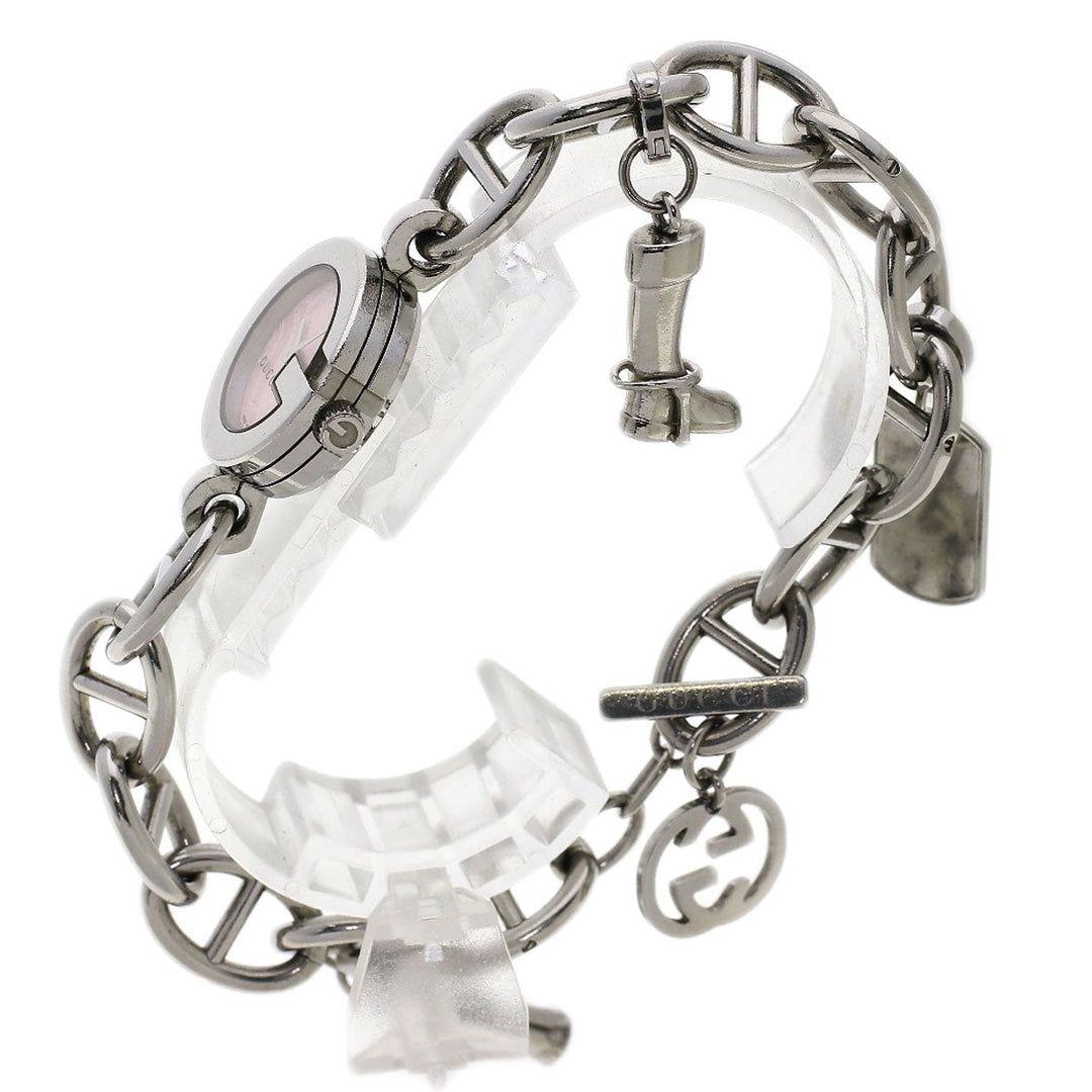 GUCCI Watches Quartz 107 Stainless Steel , Stainless Steel Silver G Charm Bracelet Pink shell dial Women Used Authentic