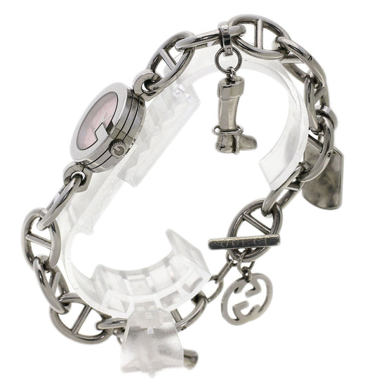 GUCCI Watches Quartz 107 Stainless Steel , Stainless Steel Silver G Charm Bracelet Pink shell dial Women Used Authentic