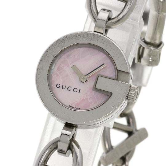 GUCCI Watches Quartz 107 Stainless Steel , Stainless Steel Silver G Charm Bracelet Pink shell dial Women Used Authentic