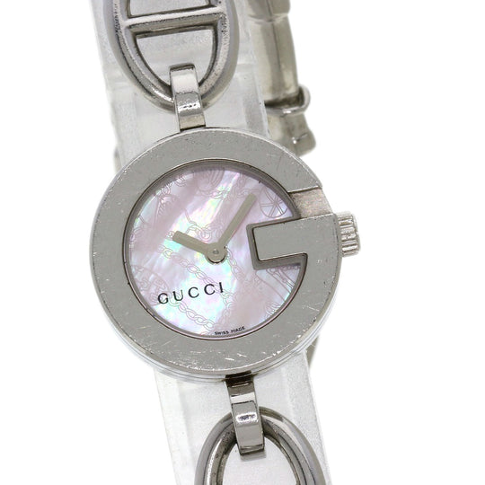 GUCCI Watches Quartz 107 Stainless Steel , Stainless Steel Silver G Charm Bracelet Pink shell dial Women Used Authentic