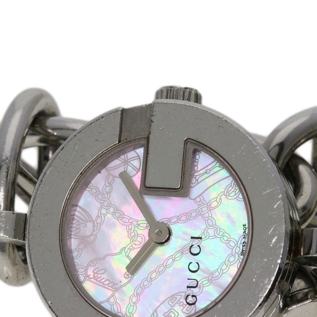 GUCCI Watches Quartz 107 Stainless Steel , Stainless Steel Silver G Charm Bracelet Pink shell dial Women Used Authentic