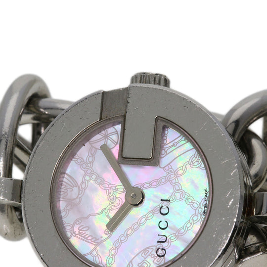 GUCCI Watches Quartz 107 Stainless Steel , Stainless Steel Silver G Charm Bracelet Pink shell dial Women Used Authentic