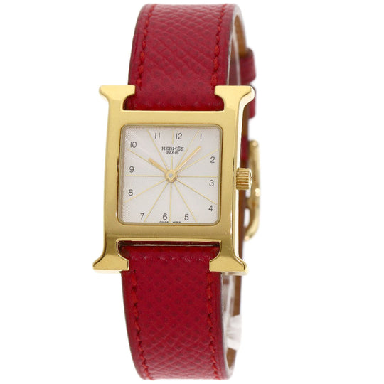HERMES Watches Quartz HH1.201 Gold Plated, Leather gold H watch Silver dial Women Used Authentic