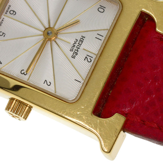 HERMES Watches Quartz HH1.201 Gold Plated, Leather gold H watch Silver dial Women Used Authentic